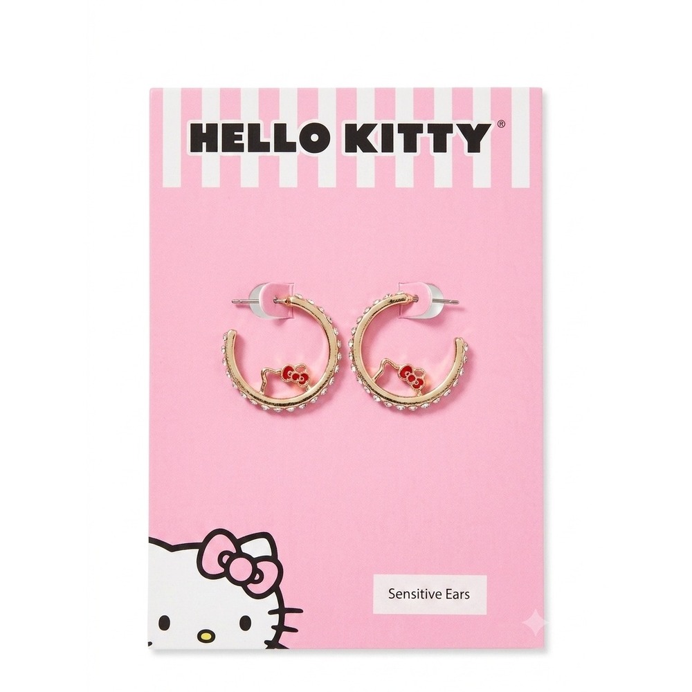 Hello Kitty Sanrio Gold Tone Rhinestone Hoop Earrings Red Bow Sensitive Ears NEW